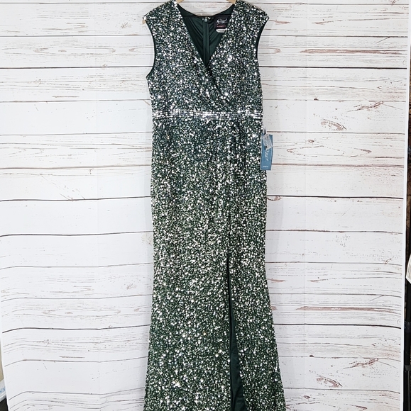 NWT Mac Duggal | Cap Sleeve Green Sequined High Slit Gown - Picture 2 of 10